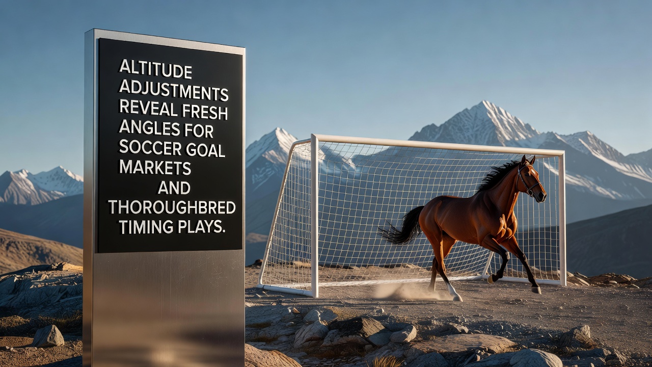 Thoroughbreds racing at altitude with data overlays for timing adjustments and soccer goal statistics