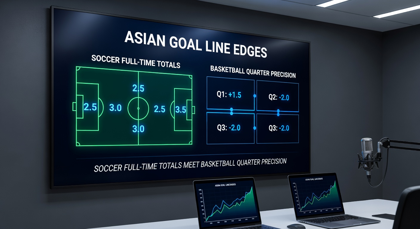 Basketball court graphic dividing quarters with scoring trends and precision betting overlays, contrasting soccer's full-time flow