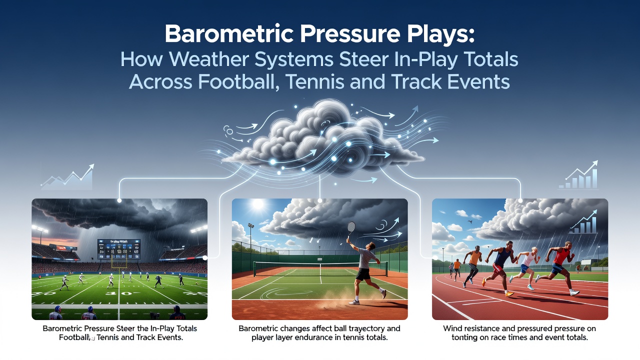 Weather systems and barometric pressure charts overlaying a football pitch, tennis court and running track during live events