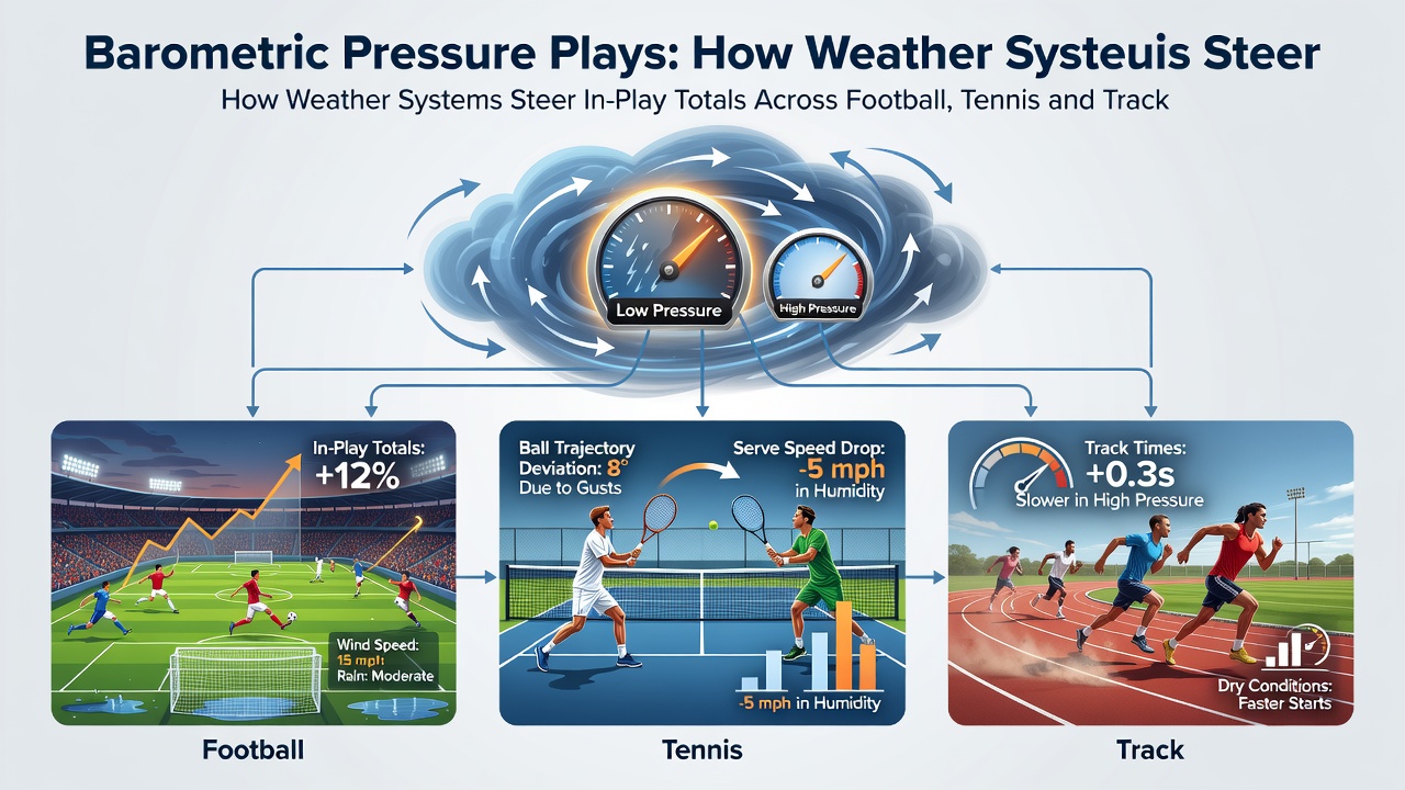 Tennis player serving under changing sky conditions with overlaid pressure and humidity readings