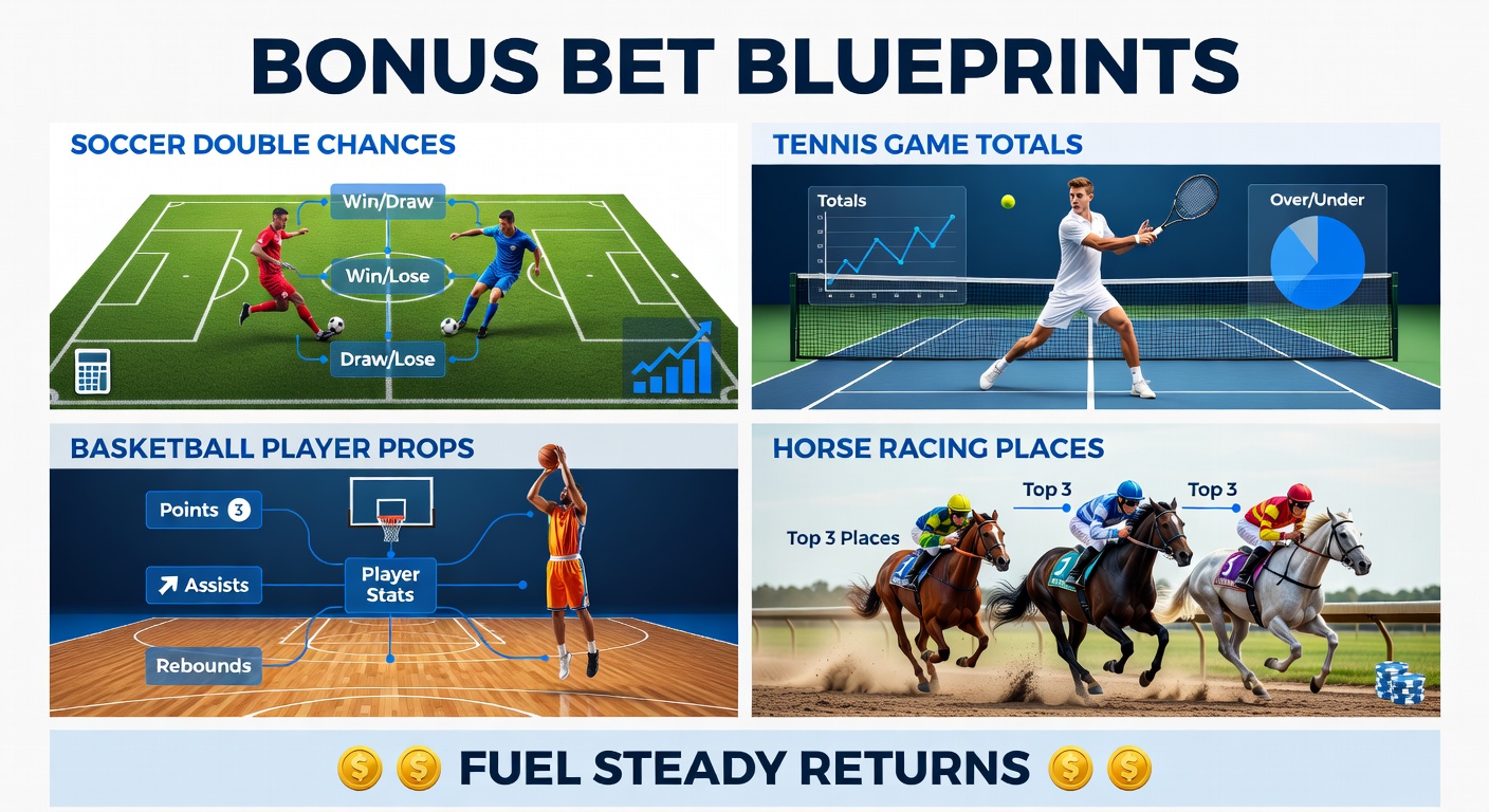 Dynamic collage of soccer pitch action, tennis rally, basketball dunk, and horse racing finish line, overlaid with betting odds graphics highlighting double chances, totals, props, and places