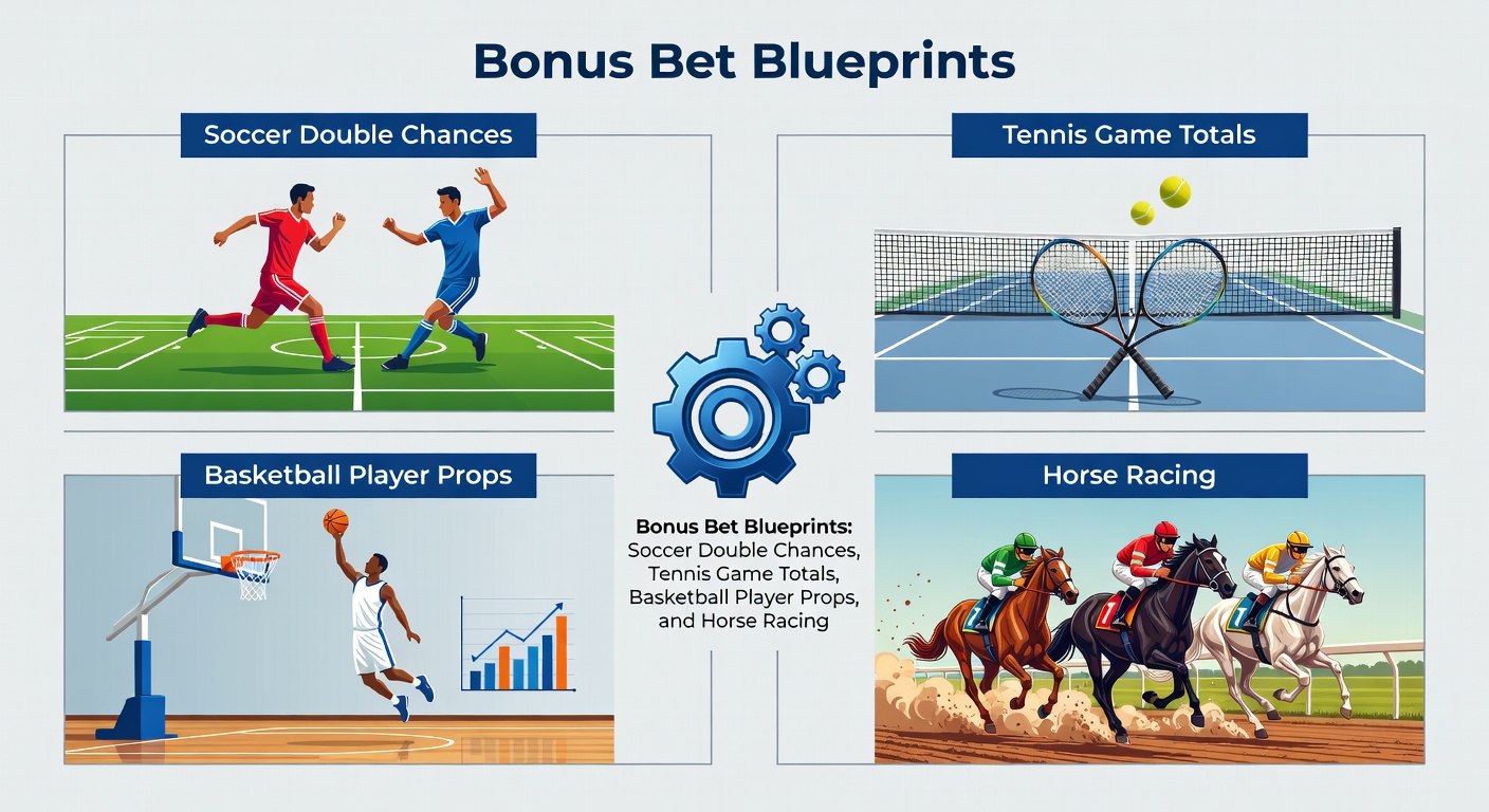 Close-up visuals of a soccer double chance bet slip, tennis scoreboard ticking games, basketball player stat tracker, and horse racing each-way payout chart