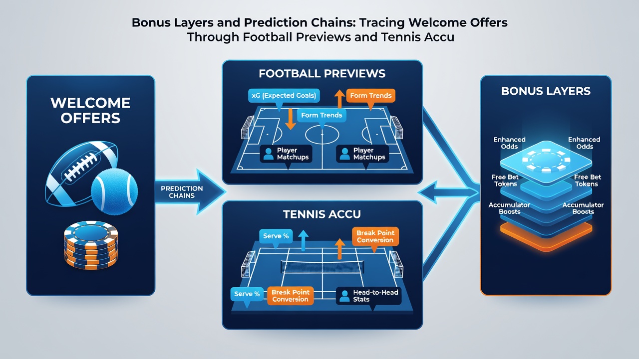 Illustration of accumulator chains linking tennis match previews to successive bonus releases