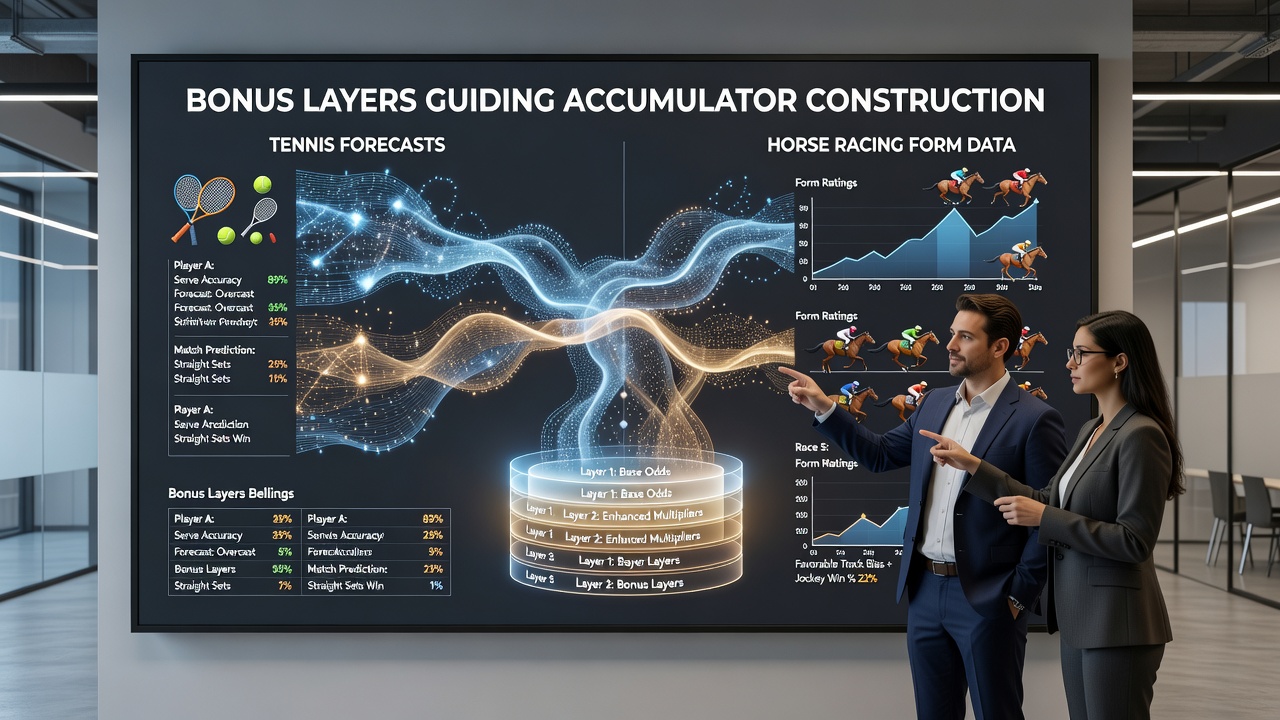 Tennis court with betting data overlays and horse racing form charts merging in accumulator construction visuals