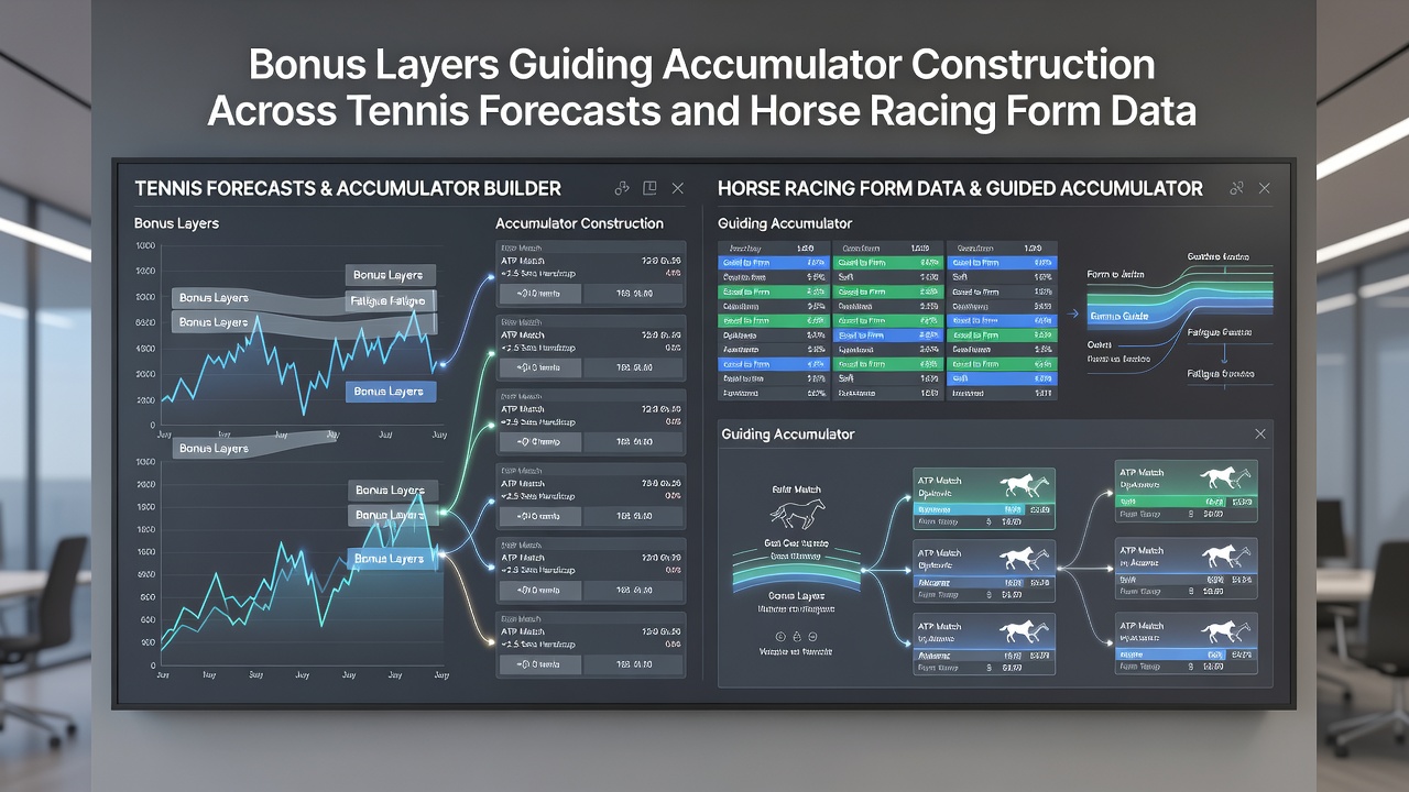 Detailed horse racing form guide alongside tennis prediction interface showing accumulator bonus layers