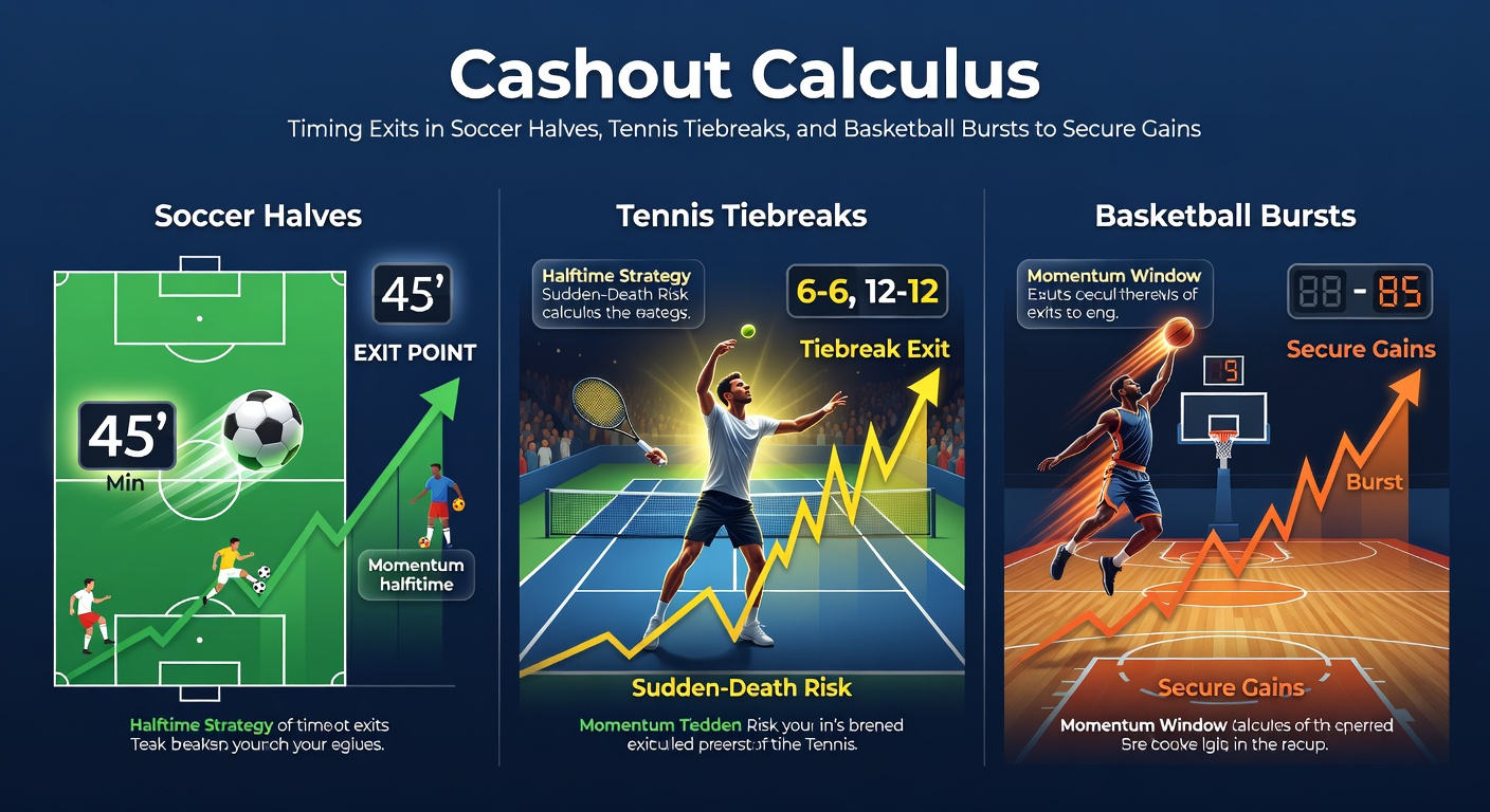 A dynamic split-screen graphic showing a soccer player mid-kick during a tense half, a tennis player serving in a tiebreak, and basketball players scrambling in a fast burst, with cashout icons overlayed on rising odds lines