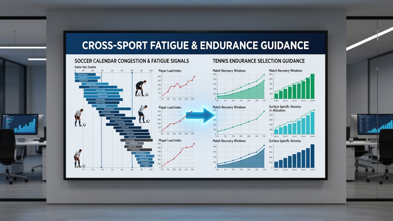 Tennis player during a long match with analysts overlaying endurance metrics from soccer data