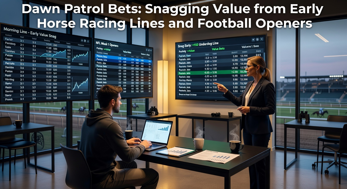 Traders monitoring pre-dawn screens filled with early horse racing odds and football opening lines, highlighting the quiet hunt for value before the markets wake up