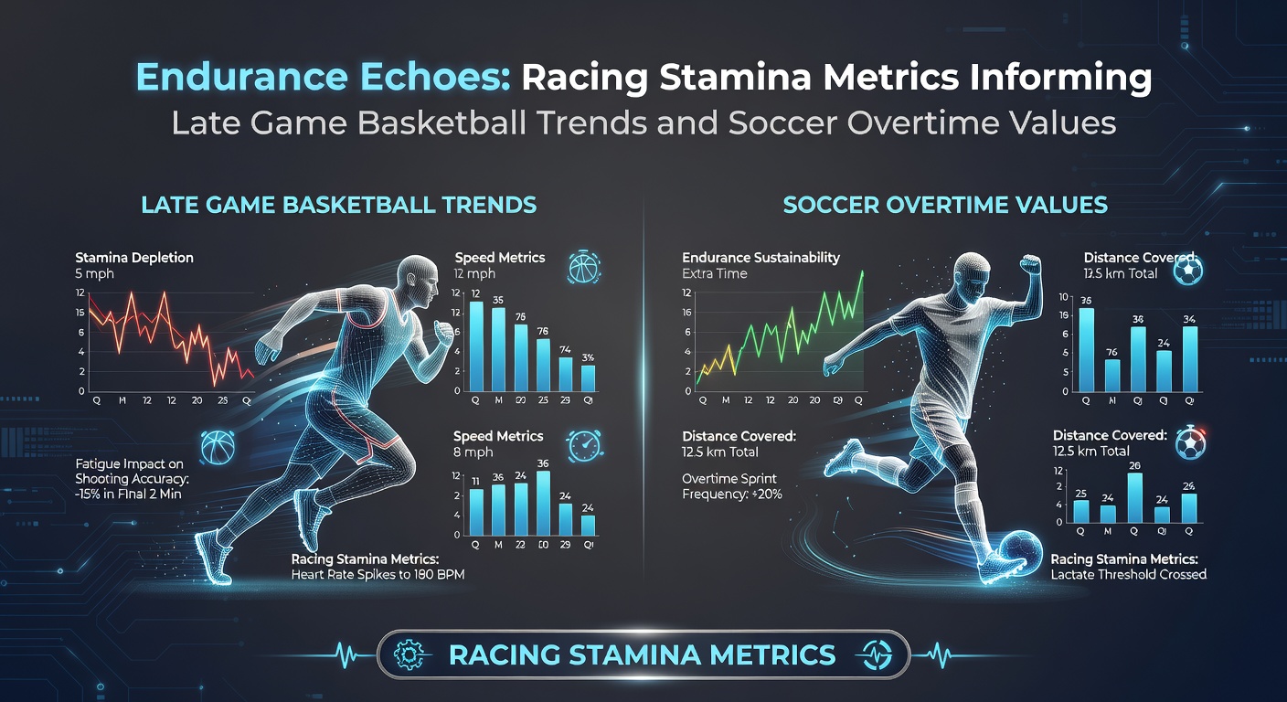 Racing stamina charts overlaid with basketball court fatigue zones and soccer pitch overtime heatmaps