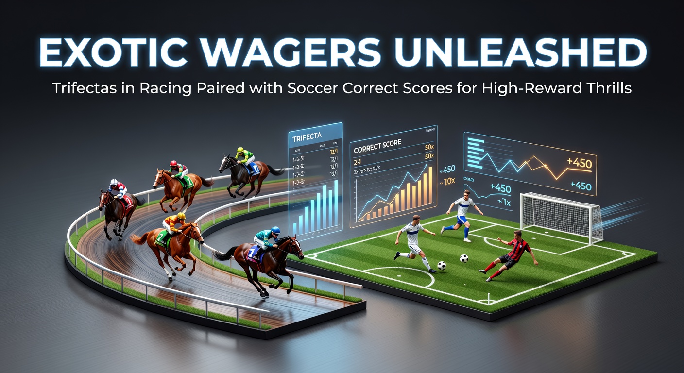 Vibrant scene of a horse race finish line with overlaid soccer match scoreboard showing a precise scoreline, capturing the high-stakes fusion of racing trifectas and soccer correct scores