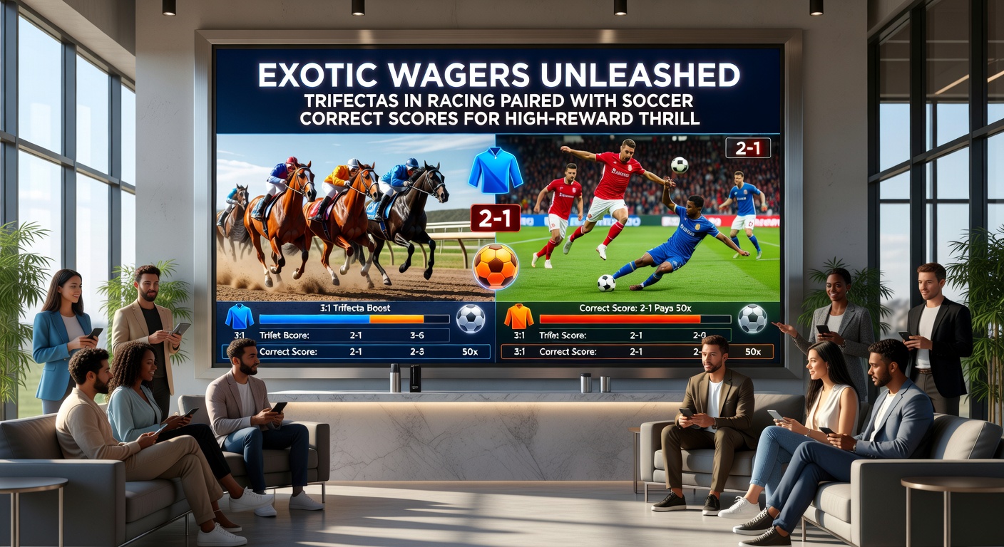 Dynamic split-image of jockeys charging down the homestretch in a horse race beside a soccer player celebrating a goal, symbolizing the high-reward combo of trifecta precision and correct score excitement