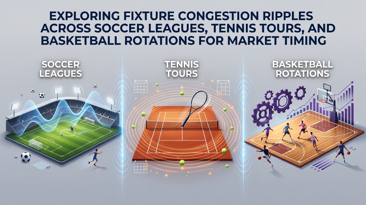 Visual representation of congested sports schedules across soccer pitches, tennis courts, and basketball arenas with overlapping dates highlighted