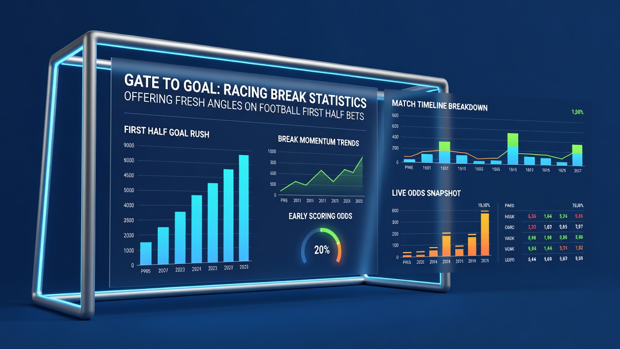Statistical overlays comparing horse racing break times with football first-half goal probabilities