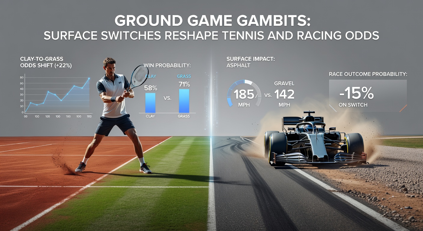 Horse galloping on a turf racing track under sunny skies, with jockey leaning low, emphasizing surface grip and speed