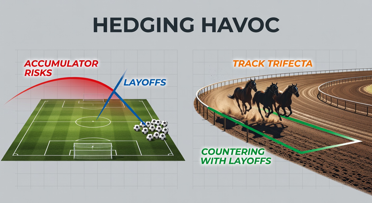 Soccer players locked in a tense draw on the pitch while overlaid charts show hedging strategies for accumulators and trifectas in horse racing tracks