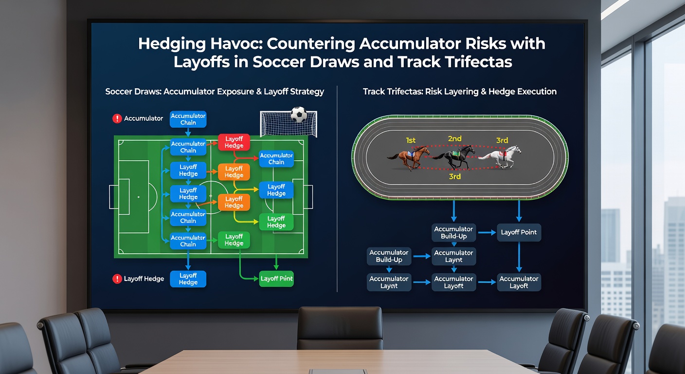Horse racing trifecta payout board glowing under stadium lights, paired with soccer scoreboard stuck at 0-0, illustrating layoff hedging tactics