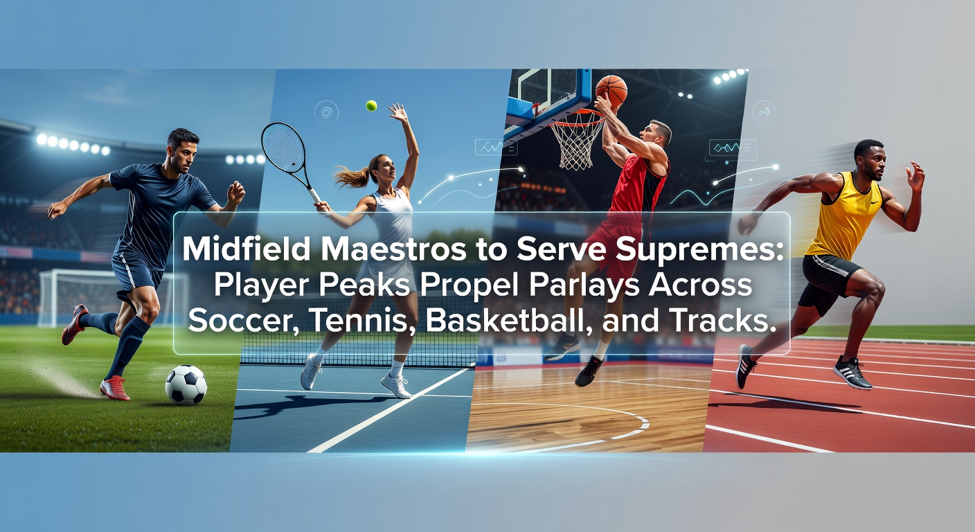 Dynamic action shot of a soccer midfielder controlling the ball, transitioning to a tennis server acing down the line, with basketball and track racing blurred in the background, highlighting peak player moments across sports