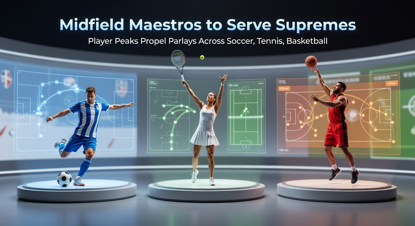 Close-up of a tennis player mid-serve with explosive power, overlaid with basketball dunk, soccer assist, and track sprint, capturing the essence of peak performances driving betting chains