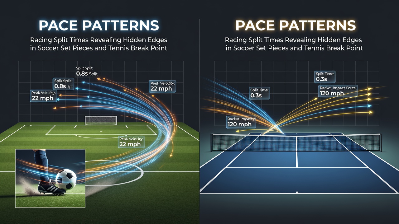 Tennis court diagrams overlaid with break point timing data and soccer set piece execution metrics