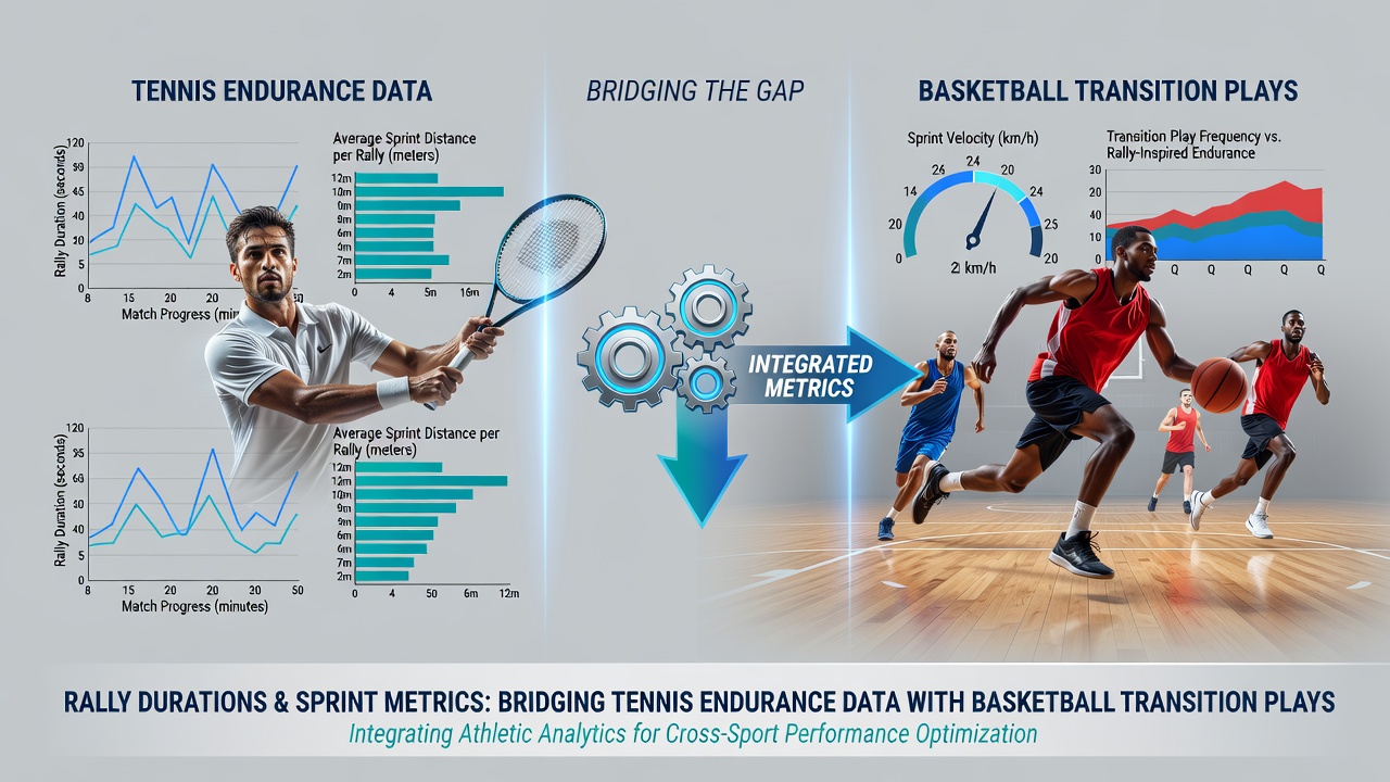 Basketball players executing a fast-break transition with speed lines and metric overlays indicating sprint duration and recovery intervals