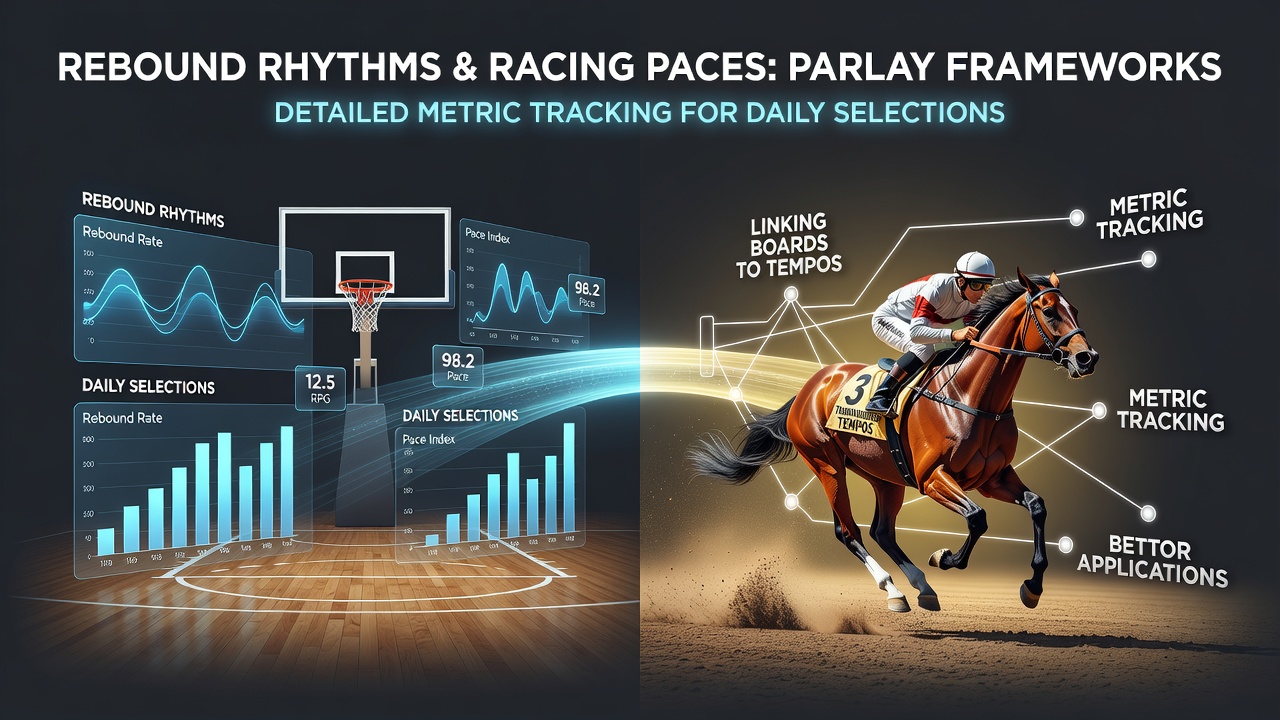 Basketball players contesting a rebound alongside thoroughbred horses in motion on a racetrack, illustrating metric tracking connections