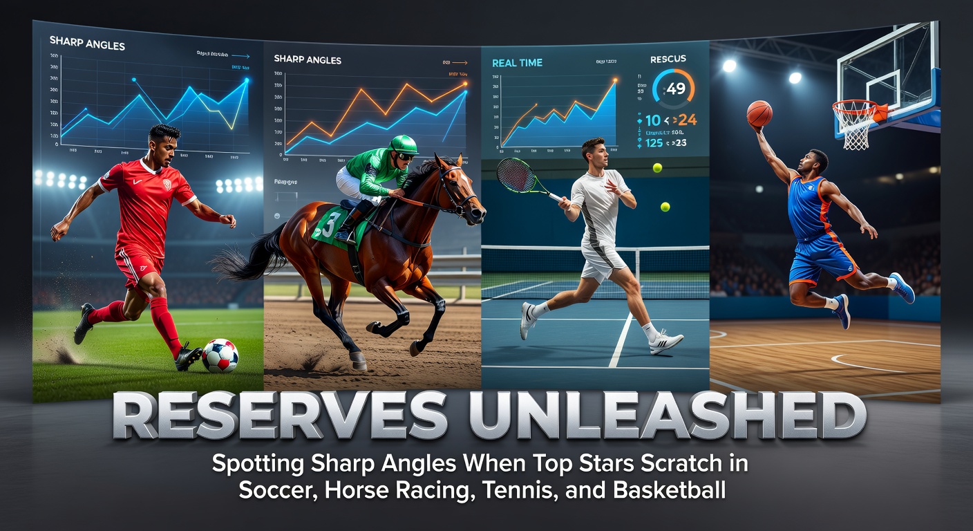 A dynamic split-image showing a soccer substitute entering the pitch, a horse race with a late withdrawal announcement, a tennis player warming up as a seed scratches, and an NBA bench player rising to stardom