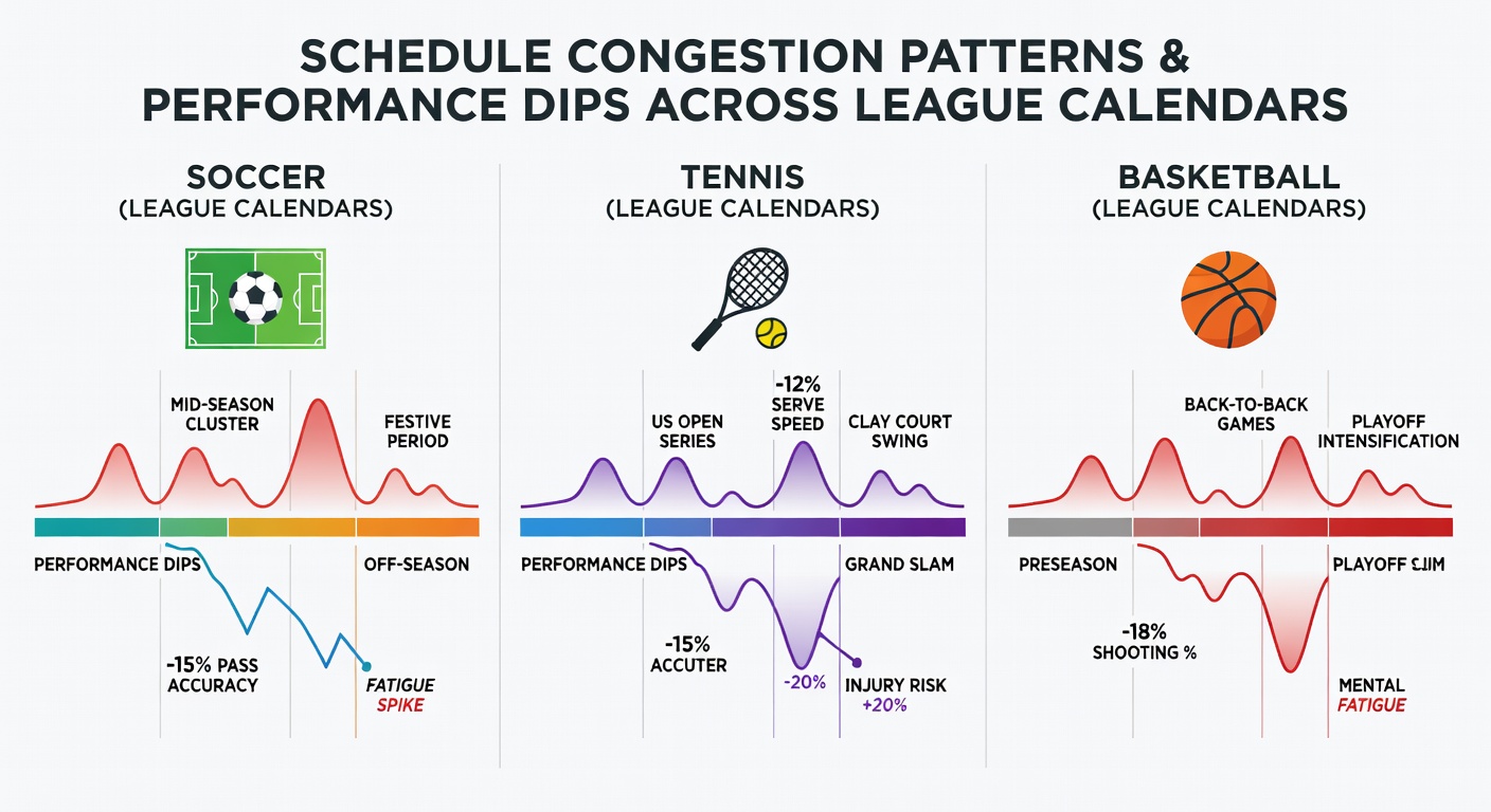 Data charts illustrating performance dips in win rates and player metrics during congested periods in soccer, tennis, and basketball