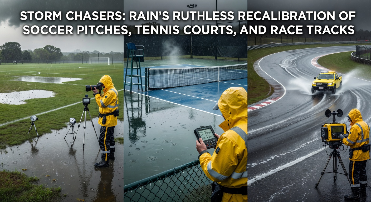 Tennis players on a drenched clay court, slipping during a point as rain pools form on the baseline