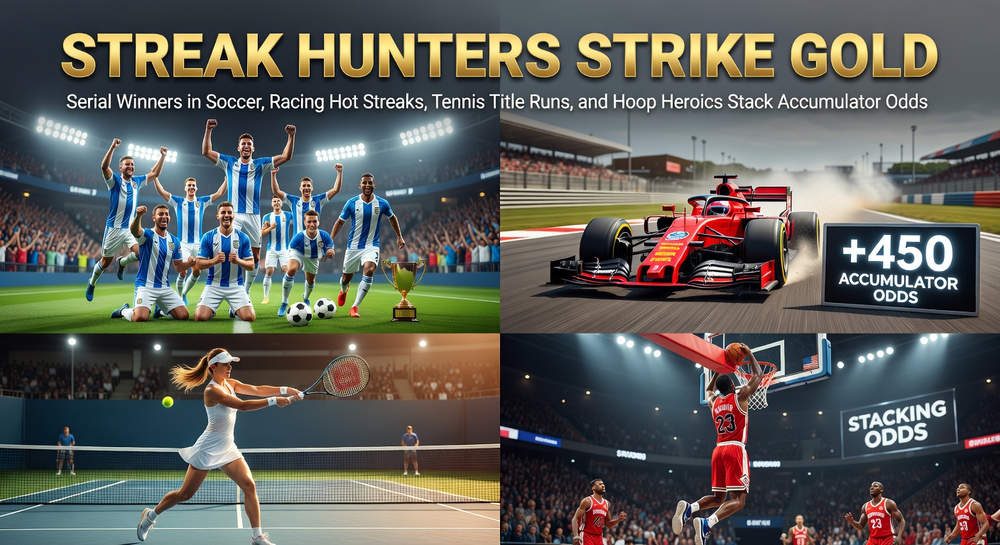 A dynamic collage showing soccer players celebrating a goal, a horse crossing the finish line first, a tennis player serving an ace, and basketball athletes dunking during a hot streak