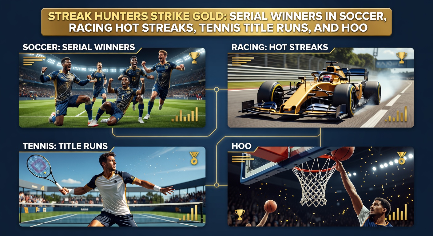 Close-up action shots of a streaking soccer forward, a jockey urging a horse ahead, a tennis champion lifting a trophy, and a basketball star hitting a game-winning three-pointer