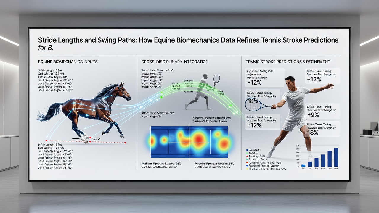Tennis player footwork captured alongside overlaid equine stride analysis graphics used in predictive modeling