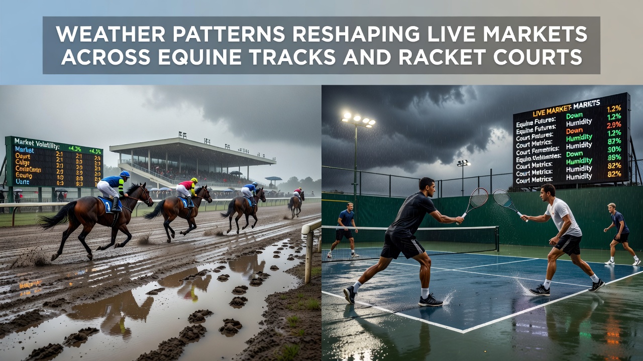 Live tennis match under changing weather conditions with visible wind and court surface effects