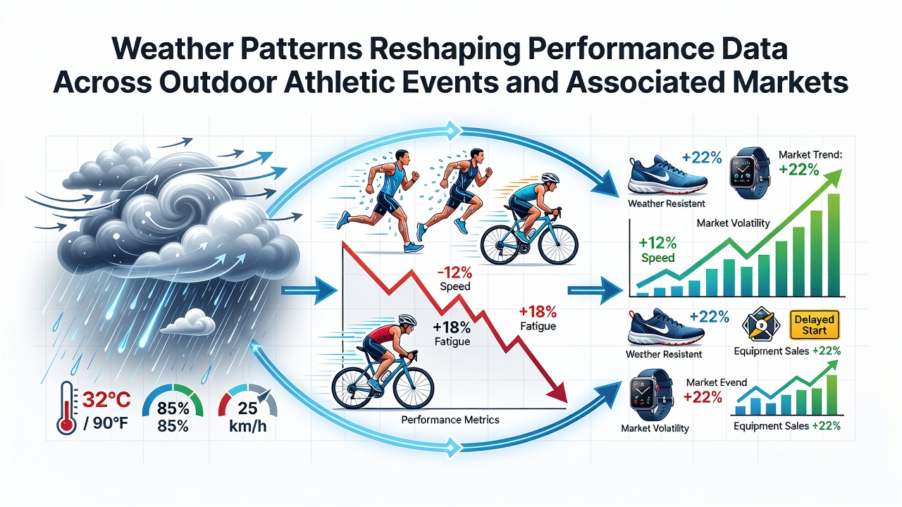 Athletes competing in variable weather conditions during an outdoor track event with visible wind and temperature indicators