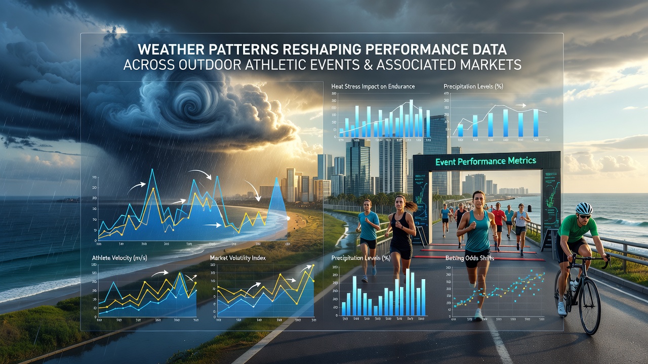 Data visualization screen displaying weather overlays on athletic performance charts for outdoor events