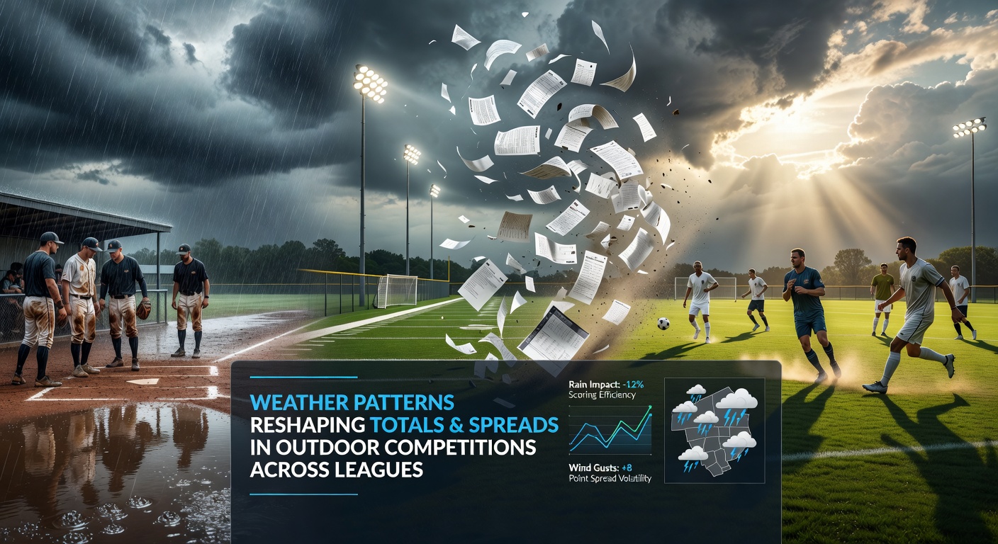 Weather patterns affecting outdoor sports fields and courts with rain and wind elements visible