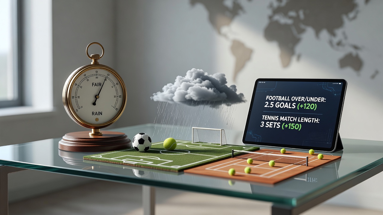 Football pitch under varying weather conditions with betting odds overlay