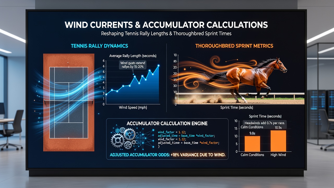 Thoroughbreds racing under windy conditions with overlaid performance data graphs